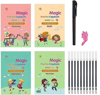 Sank Magic Books for Children Reusable Practice Book 3D Groove Magic Book Writing for Lettering Calligraphy Set Montessori Book (Math, Number, Drawing, Alphabet)